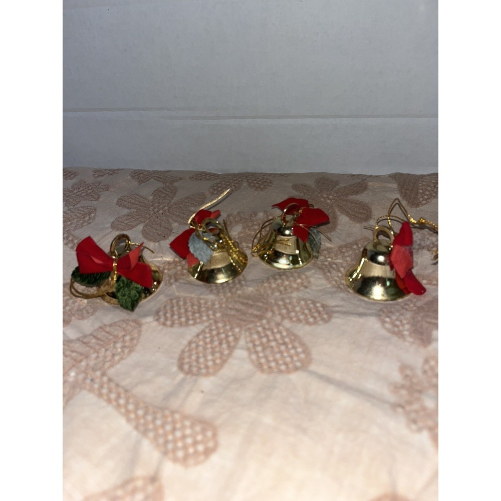 Vintage Japan 1950s  4 Gold Metal Christmas Bells Red Ribbon Ornament Home Decor